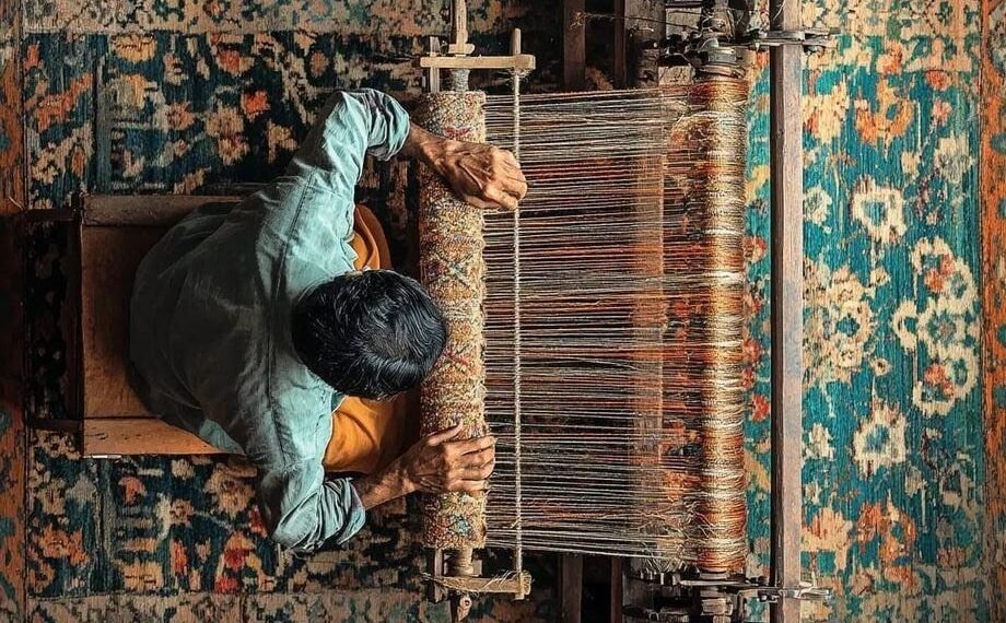 Bhulia weaver creating Habaspuri saree on traditional wooden loom in Chicheiguda village Odisha